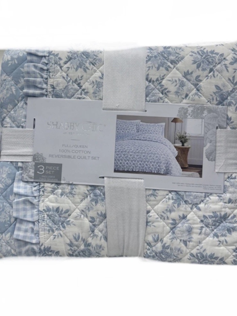 Shabby Chic Blue & White Reversible Floral Queen Cotton Quilt Set 88”x92”
